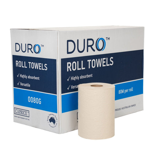 Box of Duro roll towels with a single roll in front on a white background