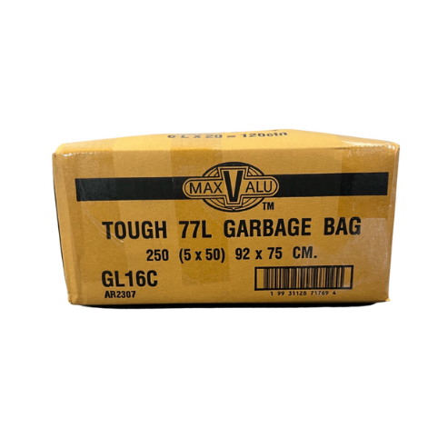 A cardboard box of MaxValu heavy duty bin liners, black, 77L capacity, with product information on the label.